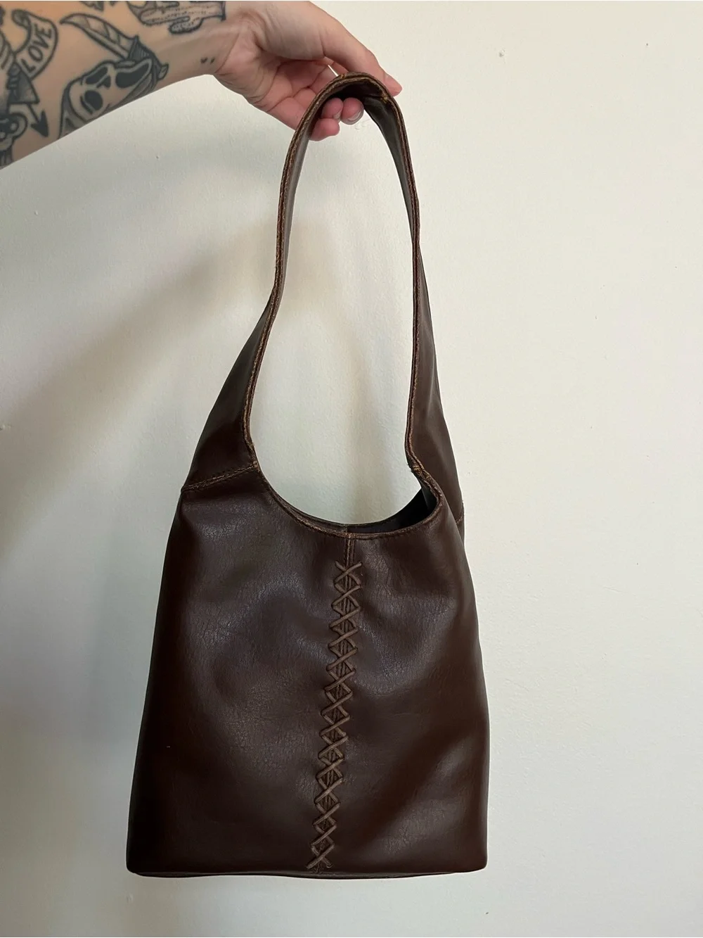 Y2K R Clothing Co Rampage Purse | Hobo Bag | Brown Faux Leather + Stitching ***